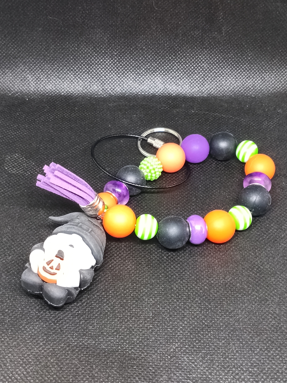 Halloween Beaded Keychain with Purple Tassel and Orange Accents